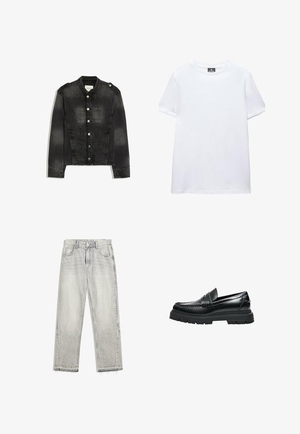 Schwarze Jeansjacke mit hohem Kragen, silbernen Knöpfen vorne, Schulterklappen und dekorativen gesteppte Bändern über der Brust.; Einfaches weißes T-Shirt mit kurzen Ärmeln und Rundhalsausschnitt mit einem schwarzen Pull&Bear-Etikett innen am Kragen, abgebildet auf weißem Hintergrund.; Hellgraue Jeans aus Denim mit leicht gefärbtem Finish, geradem Schnitt, fünf Taschen-Design und ausgefranstem Saum. Flacher Bund mit Gürtelschlaufen.; Schwarzer Leder-Slipper mit dicker Profilsohle und Pennyriemen-Detail, seitlich auf weißem Hintergrund gezeigt.