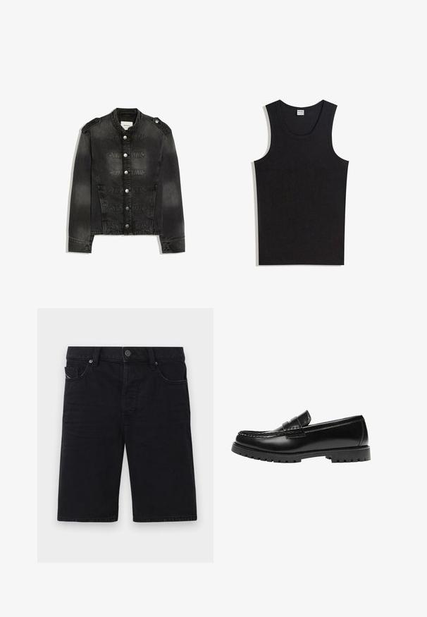 Veste en jean noire avec col montant, boutons argentés sur le devant, épaulettes et bandes décoratives cousues sur la poitrine.; Débardeur noir en coton, doté d'un col rond et d'une coupe sans manches. Texture lisse sans motifs ni accents visibles.; Shorts en denim noir avec une coupe droite, cinq poches, éléments en métal et coutures visibles. Texture douce et design simple.; Mocassin en cuir noir avec une semelle en caoutchouc épaisse et un détail classique de bride à monnaie, vu de côté extérieur.