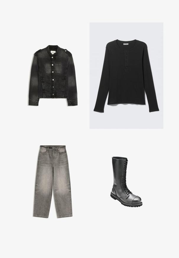 Schwarze Jeansjacke mit hohem Kragen, silbernen Knöpfen vorne, Schulterklappen und dekorativen gesteppte Bändern über der Brust.; Schwarzes Langarm-Henley-Shirt mit rundem Ausschnitt und fünf Knöpfen, flach liegend mit Etikett "Weekday".; Grau melierte Jeans mit weitem Bein, Frontknopf, Reißverschluss, Gürtelschlaufen und Fünf-Taschen-Design, flach auf weißem Hintergrund ausgelegt.; Schwarze Leder-Schnürkampfstiefel mit hohem Schaft, runder Zehenpartie, gepolstertem Kragen und strukturiertem Gummisohle für besseren Halt.