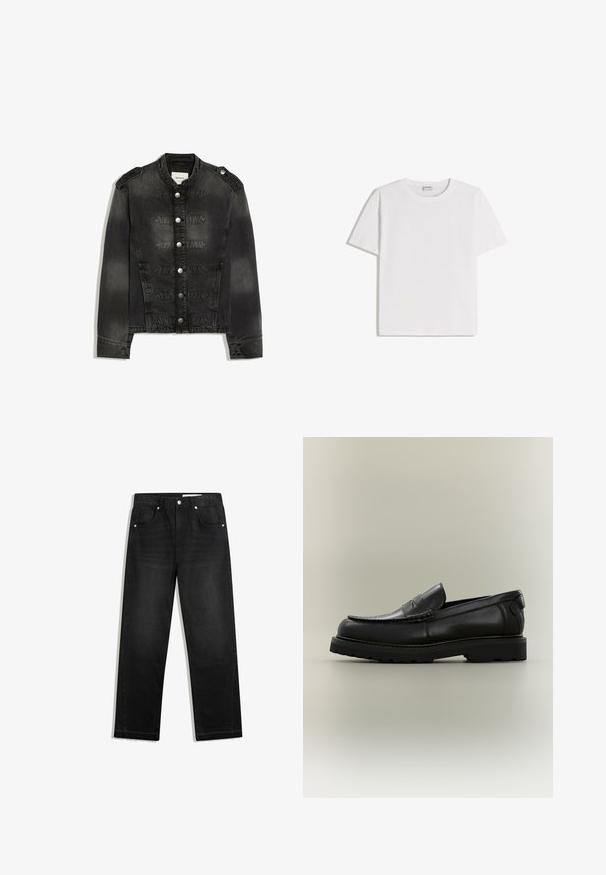 Schwarze Jeansjacke mit hohem Kragen, silbernen Knöpfen vorne, Schulterklappen und dekorativen gesteppte Bändern über der Brust.; Weißes Baumwoll-T-Shirt mit Rundhalsausschnitt und kurzen Ärmeln. Klassische, kastige Form ohne sichtbare Muster oder Verzierungen.; Schwarze Denim-Jeans mit geradem Bein, fünf Tasche-Design, kontrastierenden Beschlägen und rohem Saumdetail am unteren Ende.; Schwarzer Lederloafer mit dicker Gummisohle, Penny-Riemendetail und genähtem Mokassinschaft-Design auf neutralem Hintergrund.
