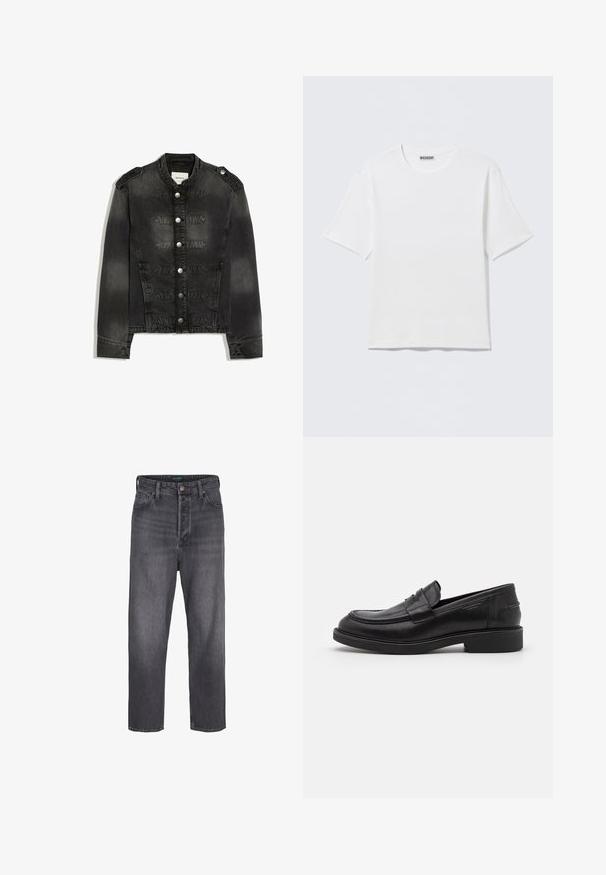 Veste en jean noire avec col montant, boutons argentés sur le devant, épaulettes et bandes décoratives cousues sur la poitrine.; T-shirt blanc uni à manches courtes et col rond, avec une petite étiquette "WEEKDAY" à l'intérieur du col arrière, présenté à plat.; Jeans en denim gris foncé avec un design à jambe droite, taille haute, style à cinq poches et légères décolorations. Fermeture à bouton en métal et zip.; Mocassins en cuir noir avec un bout arrondi, des coutures ton sur ton et un détail de sangle à l'avant. Semelle en caoutchouc avec un petit talon.