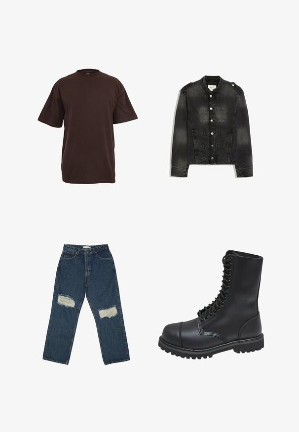 Sort denimjakke med høj krave, sølvknapper foran, skulderbeslag og dekorative syede bånd over brystet.; Brun bomulds T-shirt med korte ærmer, rund halsudskæring og en afslappet pasform. Glat tekstur uden synlige mønstre eller accenter.; Blå denim jeans med en løs pasform, der har to slidte knælapper og et klassisk fem-lomme design med kontrasterende søm.; Sort læder kampstøvle med høj skaft, snørebånd foran, polstret krave og en robust tekstureret sål for godt greb. Har forstærket tåhætte.