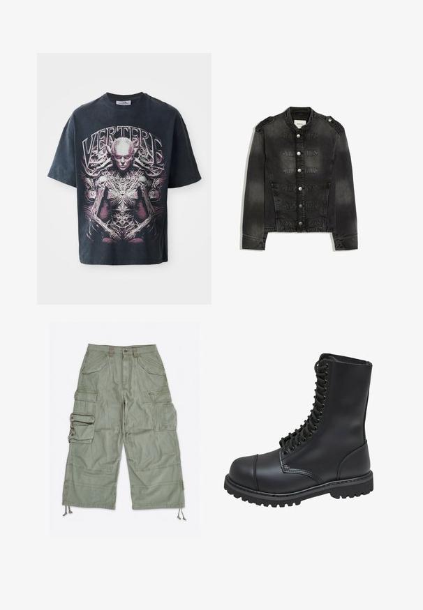 Schwarze Jeansjacke mit hohem Kragen, silbernen Knöpfen vorne, Schulterklappen und dekorativen gesteppte Bändern über der Brust.; Schwarzes T-Shirt aus Baumwolle mit einem großen pink-weißen Design einer humanoiden Figur, die über komplexe Details verfügt, sowie dem Text "VERTERE."; Hellgrüne Cargoshorts mit mehreren Klapptaschen, Gürtelschlaufen, Knopfverschluss und verstellbaren Kordelzügen an den Beinöffnungen.; Schwarze Lederkampfstiefel mit hohem Schaft, Schnürung an der Vorderseite, gepolstertem Kragen und rutschfester, strukturierter Sohle für guten Halt. Mit verstärkter Zehenkappe.