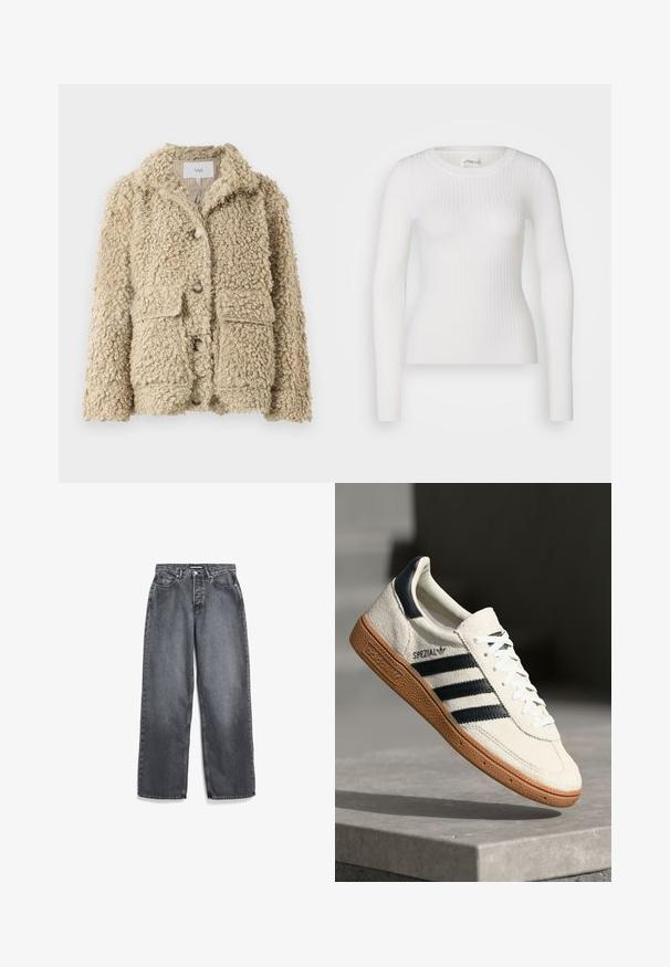 Fuzzy beige jack gemaakt van gekruld textuurstof, met een kraag, knopen aan de voorkant en twee opgestikte zakken.; Witte lange mouwen geribbelde top met een ronde hals. De stof is soepel, met een subtiele textuur en een aansluitend ontwerp. Geen zichtbare hardware of patronen.; Donkergrijze rechte jeans met voorzakken, riemlussen, knoop en ritssluiting.; Witte suède sneakers met marineblauwe strepen, rubberen gumzool, gestructureerde bovenkant, ronde neus en veters; heeft branding aan de zijkant en op de tong.