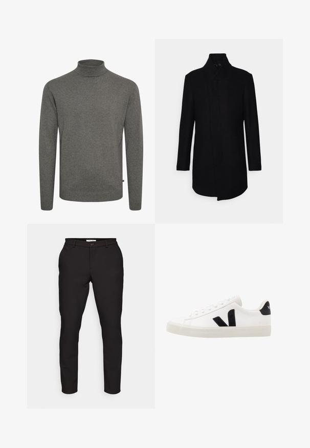 Isaac Dewhirst HIDDEN BUTTON PLACKET - Korte frakker - black; Grå rullekravesweater lavet af blødt strikket materiale. Har en tætsiddende krave og lange ærmer med ribstrikkede manchetter og kant.; Sorte skræddersyede bukser med slim fit. Har lynlås, knaplukning, sidelommer og et glat, let stof.; Hvide lædersneakers med sorte ruskindsdetaljer; har en gummisål, rund tå og klassisk snørebåndsdesign. Side logo i sort.