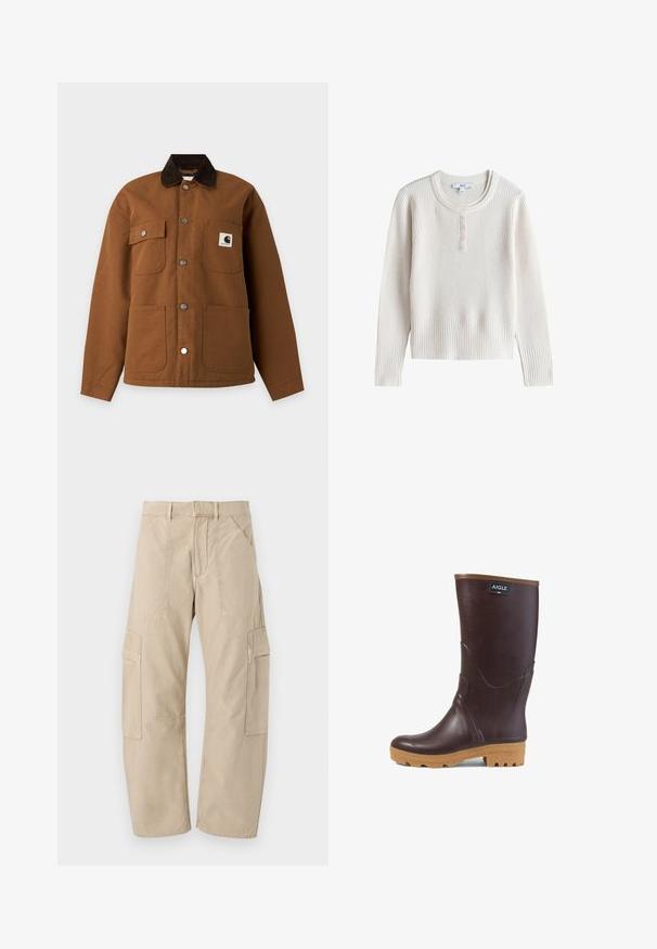 Braune Jacke mit Knöpfen, dunklem Kragen, vier Vordertaschen und einem Carhartt-Logo auf der oberen rechten Brusttasche.; Langärmeliger, cremefarbener, gerippter Strickpullover mit rundem Ausschnitt und fünf kleinen Knöpfen auf der vorderen Knopfleiste.; Beige Cargo-Hosen mit mehreren Taschen, geraden Beinen, Knopf- und Reißverschluss sowie Gürtelschlaufen auf weißem Hintergrund.; Dunkelbrauner Gummistiefel bis zur Mitte der Wade mit hellbrauner Sohle, strukturiertem Profil und "AIGLE"-Logo-Patch nahe der Oberseite.