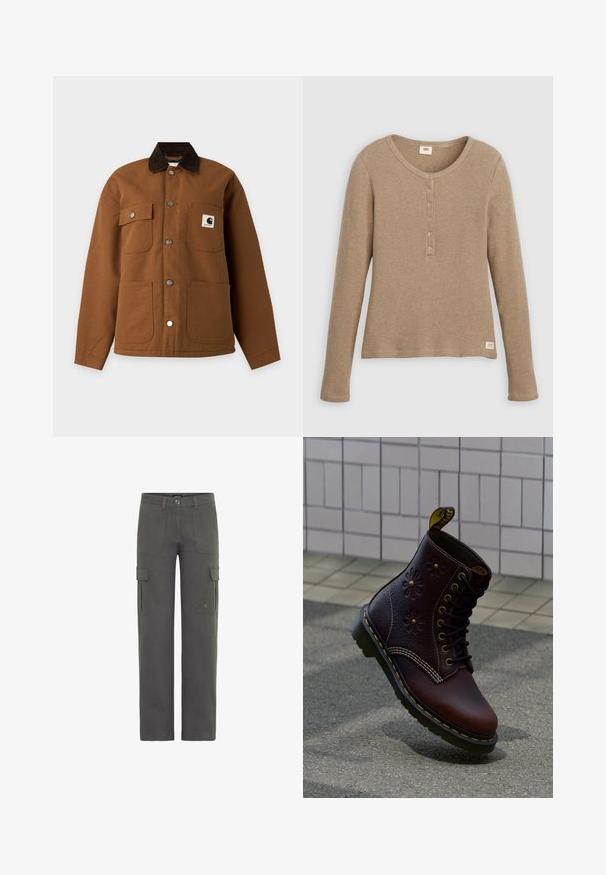 Brun jakke med knapper, mørkraver, fire forlommer og et Carhartt-logo på den øverste højre brystlomme.; Beige henley-shirt i vaffelstrik med lange ærmer, rund halsudskæring og fem-knaps lukning, vist fladt mod hvid baggrund.; Cargo bukser i mørkegrå bomuld med lige skæring. Har to sidelommer og en polyesterknaplukning. Holdbart stof med let struktur.; Mørkebrun læderstøvle med blomsterprægning og gul syning, placeret opret på en tekstureret fortov med flisebelagt væg i baggrunden.