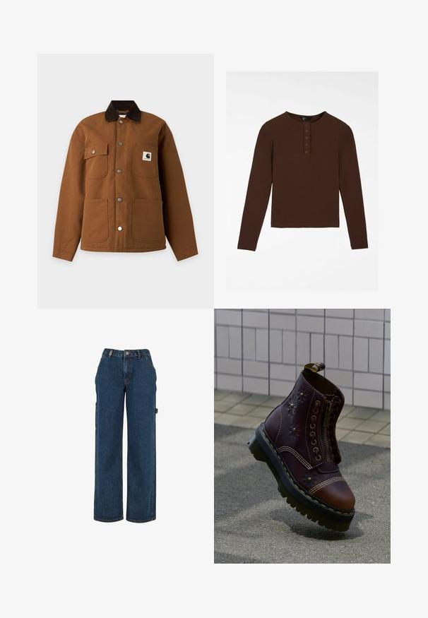Chaqueta marrón abotonada con cuello oscuro, cuatro bolsillos delanteros y un logo de Carhartt en el bolsillo superior derecho del pecho.; Camiseta marrón de manga larga hecha de material acanalado, con cuello redondo, tapeta con cinco botones y dobladillo recto.; Pantalones cargo de mezclilla azul oscuro con cintura alta, diseño de pierna ancha y bolsillos laterales. Presentan costuras visibles y detalles de herrajes metálicos.; Bota de cuero marrón oscuro con relieves florales, cremallera frontal, suela negra gruesa con costuras amarillas, flotando sobre un pavimento texturizado cerca de una pared con azulejos.