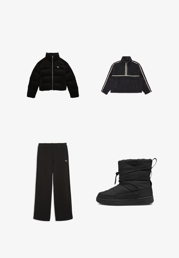 Veste matelassée en velours côtelé noire avec un col haut, fermeture éclair frontale complète et logo blanc sur la poitrine. Présente un motif de rembourrage matelassé.; Pull en polaire noir avec un col montant, rayures blanches horizontales sur la poitrine et les manches, et deux poches latérales. Tissu doux et texturé.; Pantalon noir ample avec taille élastique, poches latérales et petit logo Puma blanc sur la cuisse supérieure gauche.; Botte isolée noire avec une texture matelassée, fermeture avec cordon élastique, dessus rembourré et semelle en caoutchouc arborant un logo minimaliste.