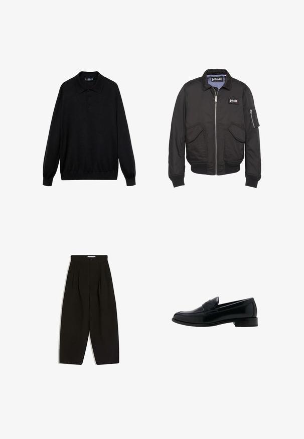 Zwarte bomberjack met rits, voorzien van twee klepzakken aan de voorkant, een ritssluiting op de mouwzak, geribbelde boorden en zoom, en Schott-logo patches op de borst en binnenin de kraag.; Zwarte longsleeve polo shirt van zachte stof, met een klassieke kraag, drie knopen en ribgebreide manchetten en onderrand.; Zwarte wijde broekspijpen gemaakt van zachte stof, met een geplooide voorkant, knoopsluiting en zijzakken voor extra functionaliteit.; Zwarte leren loafer met lage hak, ronde neus en klassieke penny-strap detail op de wreef.