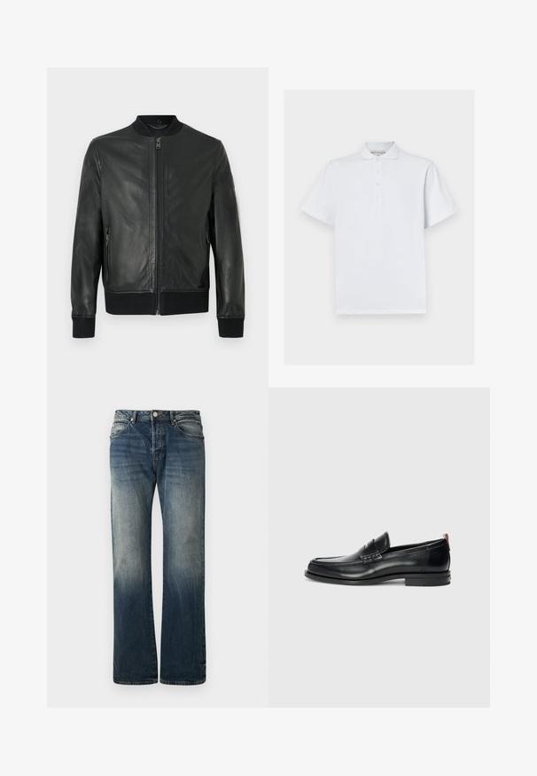 Veste aviateur en cuir noir avec fermeture éclair frontale, col, poignets et ourlet côtelés, dotée de poches latérales zippées et d'une finition lisse.; Polo shirt blanc en coton, avec un col classique, des manches courtes et une patte de boutonnage à trois boutons. Texture lisse, sans motifs.; Jean large bleu foncé en denim. Présente des détails délavés, un design traditionnel à cinq poches et une fermeture à bouton en métal à la taille.; Mocassins en cuir noir au design élégant, à bout arrondi, avec une texture sur le devant et une semelle en caoutchouc pour une meilleure adhérence. Équipés d'une tirette à l'arrière.