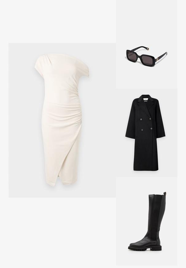 Manteau long noir à double boutonnage avec des rayures très discrètes, larges revers, deux poches avant et quatre boutons noirs.; Robe crème clair, longueur genou, à une épaule avec manche courte, détails froncés et jupe portefeuille asymétrique à l'avant.; Bottine noire en cuir, hauteur genoux, avec un panneau texturé, bout rond, semelle en caoutchouc épais et une languette à l'arrière pour un enfilage facile.; Lunettes de soleil noires rectangulaires avec des verres sombres, monture en plastique brillant et accents en métal doré sur les branches.