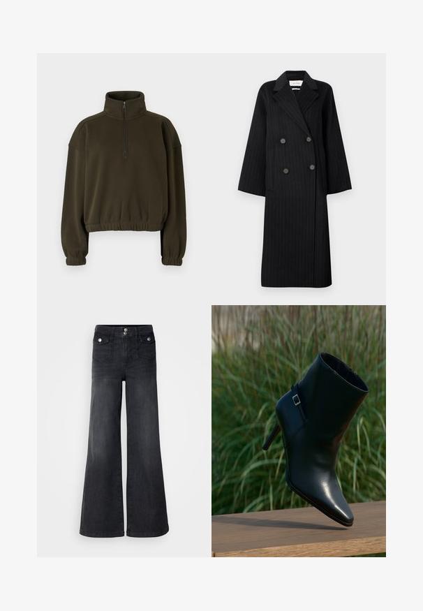 Must musta topelt rind, peenete triipudega, laiad kraed, kaks eesmist taskut ja neli musta nuppu.; Olive roheline lühike sweatshirt, mis on valmistatud pehmest kangast, kõrge krae, pooltõmblukuga kinnituse ja elastsete varruka- ja alumiste äärtega.; Mustadest denimist laiad jalad teksad kõrge vöökoha, ees olevate nööpidega ja kahe ees oleva taskuga; sile tekstuur kerge kulumisega viimistlusega.; Mustast nahast pahkluu saabas terava varba, virnastatud kontsa, läikiva tekstuuri ning dekoratiivse rihmaga, millel on hõbedase pandla detail.