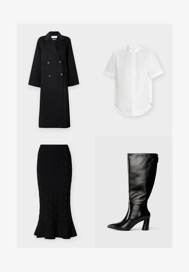 Manteau long noir à double boutonnage avec des rayures très discrètes, larges revers, deux poches avant et quatre boutons noirs.; Chemise blanche manches courtes avec col mao, patte de boutonnage cachée et ourlet arrondi, présentée à plat sur un fond clair.; Jupe midi noire avec motif texturé carré et ourlet évasé sur fond blanc.; Botte en cuir noir à hauteur de genoux avec un bout pointu, une texture lisse et un talon épais. Elle présente un zip à l'arrière.