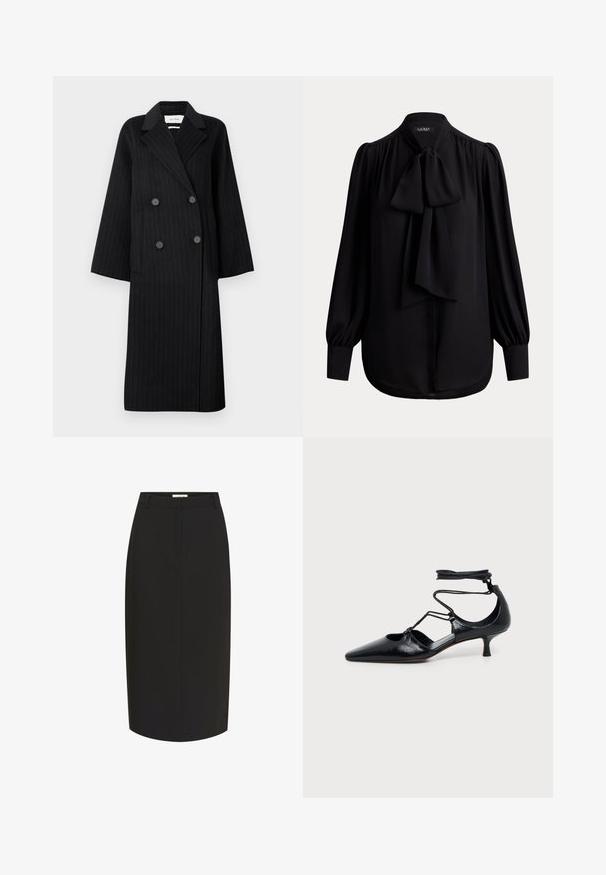 Manteau long noir à double boutonnage avec des rayures très discrètes, larges revers, deux poches avant et quatre boutons noirs.; Blouse noire à manches longues avec épaules plissées, grand nœud à l'avant, poignets boutonnés et ourlet arrondi.; Jupe crayon noire en tissu lisse. Caractéristiques : coupe ajustée, longueur midi, passants pour ceinture et fermeture éclair dissimulée au dos.; Chaussure noire à bout pointu et talon kitten avec brides autour de la cheville et détails découpés sur les côtés, présentée sur un fond uni clair.