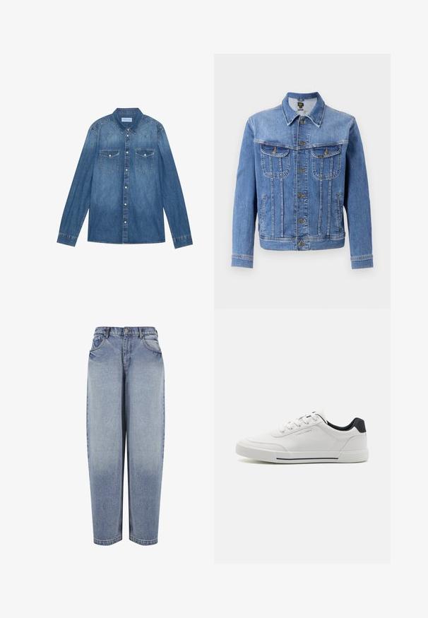 Lysblå denimjakke med knapforsmægning, to brystlommer og to sidelommer. Har en klassisk krave og lige snit.; Mørkeblå denimskjorte med lange ærmer, klassisk krave, knaplukning fortil, to brystlommer og kontrasterende stiklinger på sømmene.; Blå high-waisted løstsiddende jeans med forlommer, bæltestropper, knaplukning og falmede detaljer langs benene.; Hvide sneakers med en glat syntetisk overdel, rund tå, snørebåndsdesign, marineblå accent på hælen og en tekstureret gummisål med en sort stribe.
