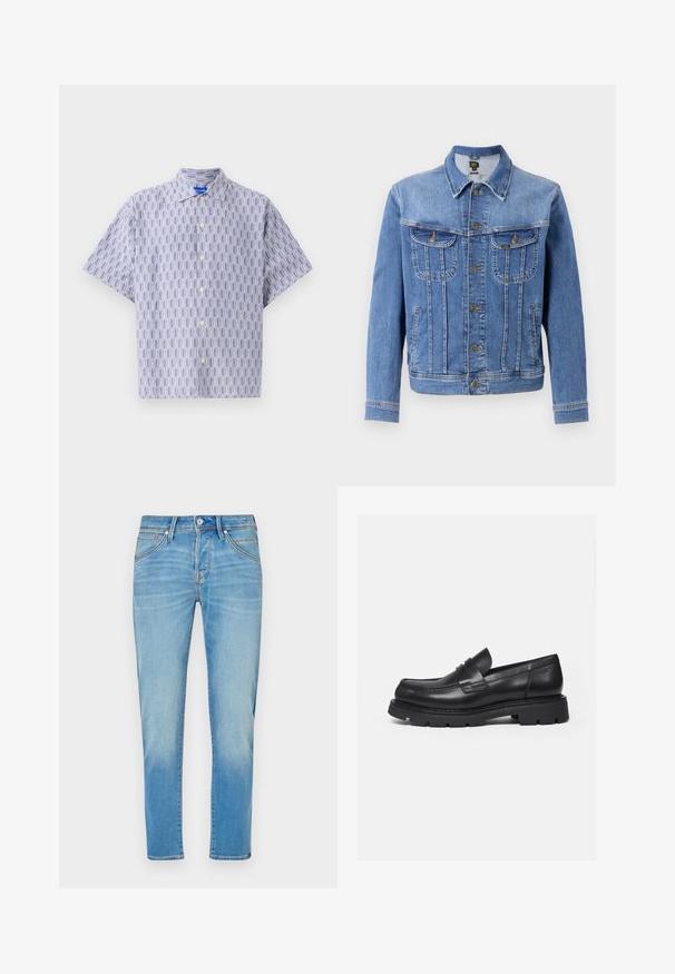 Veste en denim bleu clair avec fermeture à boutons, deux poches poitrine et deux poches latérales. Présente un col classique et une coupe droite.; Chemise à manches courtes boutonnée en bleu clair avec un motif géométrique bleu foncé. Elle présente un col et une coupe décontractée. Fabriquée en tissu léger.; Jean en denim bleu clair avec une coupe droite, présentant une fermeture à bouton, cinq poches et un léger délavage sur le tissu.; Mocassin en cuir noir avec semelle épaisse crantée et détail de bride penny, présenté en profil droit sur fond blanc.