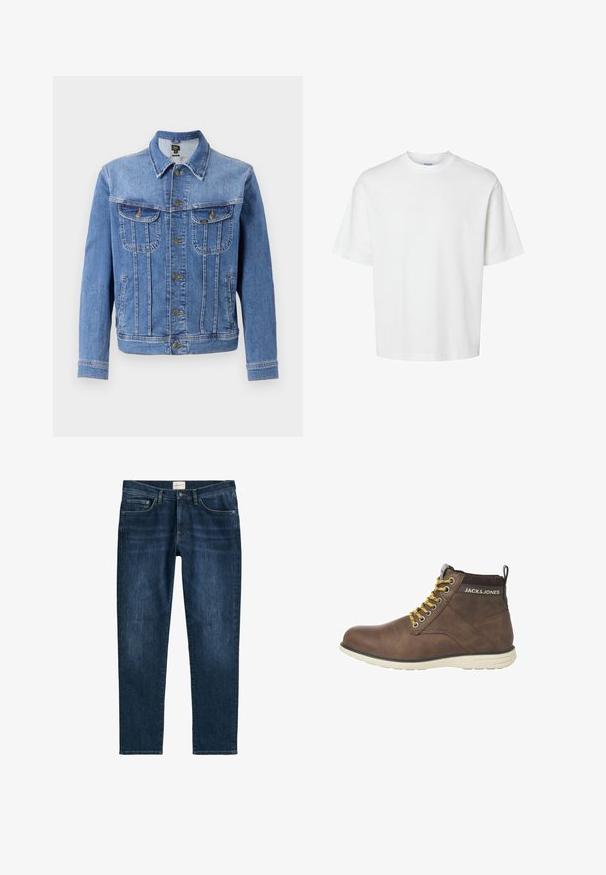 Lysblå denimjakke med knapforsmægning, to brystlommer og to sidelommer. Har en klassisk krave og lige snit.; Enkel hvid t-shirt med korte ærmer, rund hals og løs pasform vist på hvid baggrund.; Mørkeblå denimjeans med lige ben, fem lommer, bæltestropper og subtil falming. Stoffet har en glat tekstur.; Brune læder ankelstøvler med en rund tå, gule snørebånd og en hvid gummisål. Har en sort detalje ved hælen og logo.