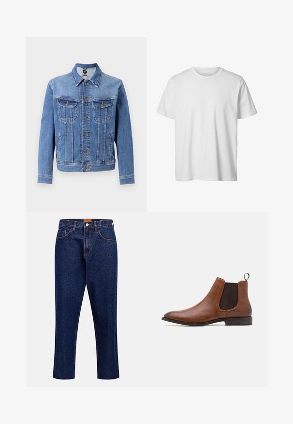 Lysblå denimjakke med knapforsmægning, to brystlommer og to sidelommer. Har en klassisk krave og lige snit.; Enkelt hvid T-shirt med korte ærmer og rund hals, løs pasform og uden synlige logoer eller designs foran.; Mørkeblå denimjeans med lige snit, høj talje, fem lommer og frynset kant. Kontrastsyning og detalje med knaplukning.; Zign by Zalando LEATHER - Støvletter - cognac