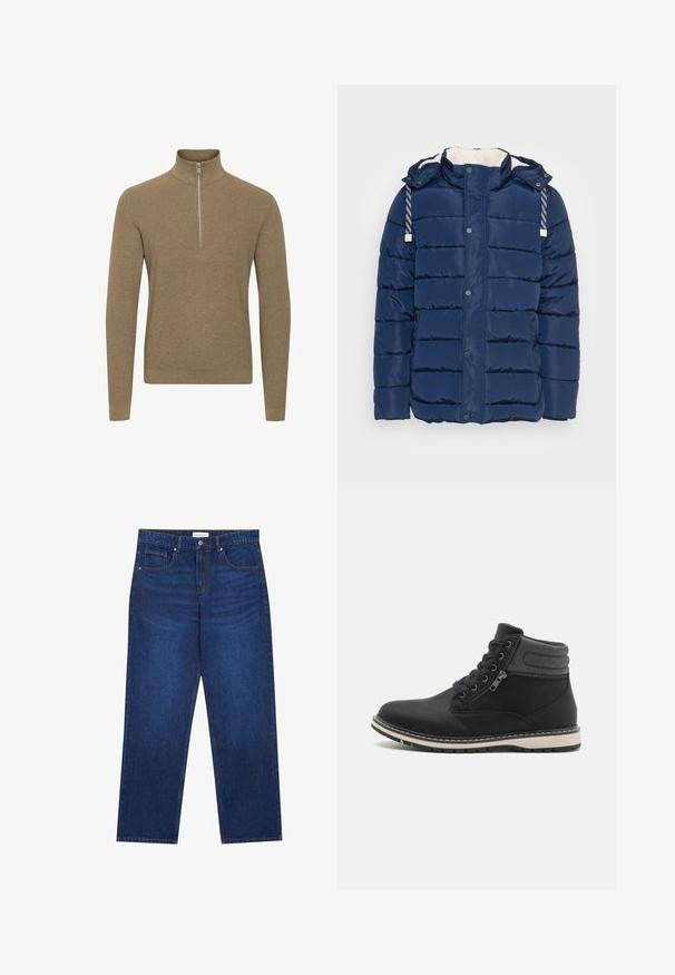 Doudoune navy avec zip caché et fermeture à snap, capuche ajustable avec cordons à rayures et intérieur en polaire pour plus de chaleur.; Pull en zip marron avec un col haut, fabriqué en tissu tricoté texturé. Il présente des manches longues et une coupe ajustée.; Jean en denim bleu foncé avec une coupe droite, équipé d'une fermeture boutonnée et à zip, de cinq poches et de détails de couture visibles.; Bottines noires en matériau synthétique texturé, avec un laçage à l'avant et une fermeture éclair sur le côté, dotées d'une semelle en caoutchouc blanche contrastante.