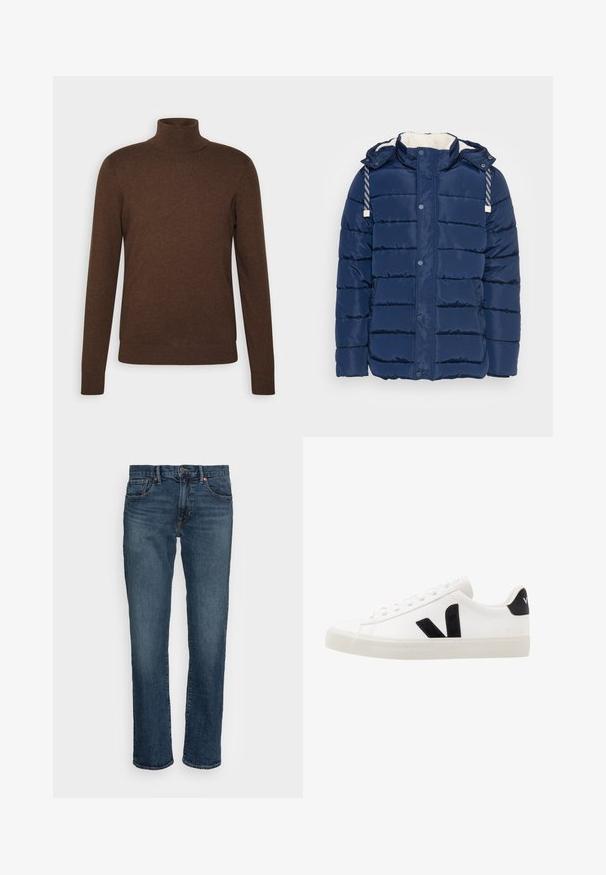 Chaqueta acolchada azul marino con cierre oculto de cremallera y botones de presión, capucha ajustable con cordones a rayas y forro de forro polar para mayor calidez.; Suéter marrón de cuello de tortuga hecho de material suave, con mangas largas, un diseño ajustado y detalles acanalados en el cuello y el dobladillo.; Vaqueros de mezclilla en azul oscuro, corte recto. Cuenta con cinco bolsillos, herrajes de cobre y un ligero efecto de desgastado en la parte delantera. Textura suave.; Zapatilla de cuero blanca con acentos de ante negro; presenta una suela de goma, puntera redonda y un diseño clásico de cordones. Logo lateral en negro.