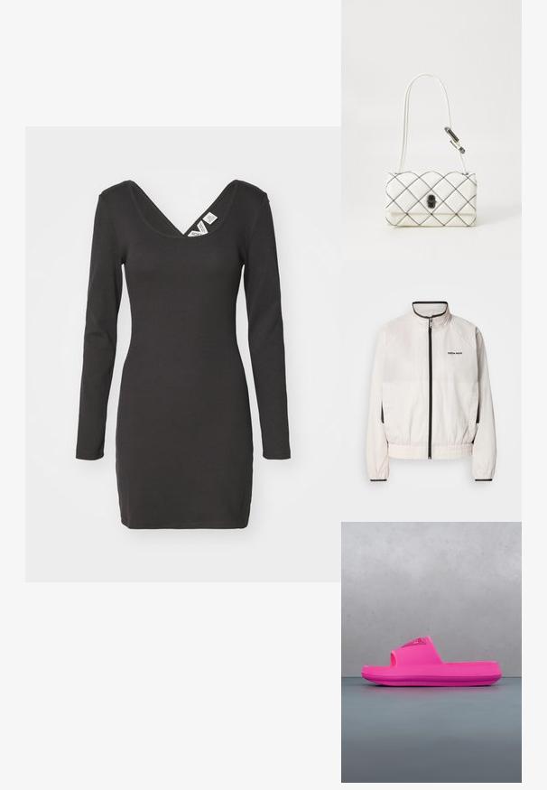 Calvin Klein Jeans RETRO TRACK JACKET - Veste de survêtement - tofu; Robe noire à manches longues et à côtes, avec un décolleté en V profond et une silhouette ajustée. Le tissu semble extensible avec une texture lisse.; Sandale slide rose vif avec semelle texturée et logo "Guess", posé sur un sol en carreaux de bois avec un arrière-plan extérieur flou.; Sac à main matelassé blanc avec des coutures noires. Comprend une longue bandoulière et un fermoir à l'avant. Fabriqué en cuir texturé avec une forme rectangulaire.