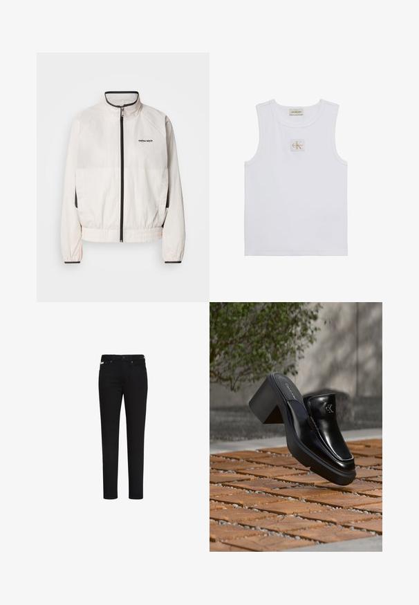 Calvin Klein Jeans RETRO TRACK JACKET - Trainingsvest - tofu; Witte mouwloze tanktop met Calvin Klein Jeans-label op de borst en een labeltje bij de halslijn op een effen witte achtergrond.; Zwarte slim-fit jeans met knoop en rits aan de voorkant, met voor- en achterzakken en een klein label op de rechtervoorzak.; Zwarte leren Calvin Klein slip-on mule met blokhak rustend op houten tegels buiten, vlak bij een groene plant en een grijze muur.
