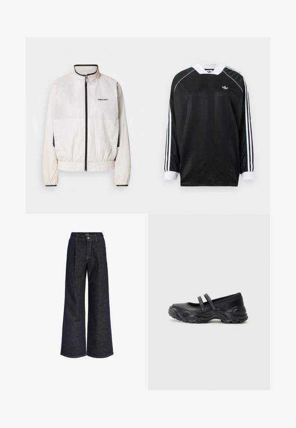 Calvin Klein Jeans RETRO TRACK JACKET - Veste de survêtement - tofu; Chemise noire à manches longues avec col en V, présentant des rayures verticales, des accents blancs et trois rayures blanches sur chaque manche. Petit logo sur la poitrine.; Jean en denim bleu foncé à jambes larges avec plis, fermeture par bouton et passants de ceinture, présenté sur un fond blanc.; Ballerines noires en cuir avec deux brides réglables, un bout rond et une semelle en caoutchouc texturé pour une meilleure adhérence.