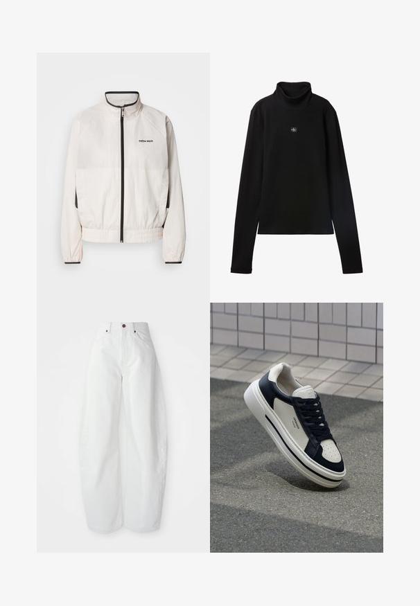 Calvin Klein Jeans RETRO TRACK JACKET - Trainingsvest - tofu; Zwarte geribde coltrui met lange mouwen en een klein vierkant Calvin Klein-logo midden op de borst.; Hoge taille witte spijkerbroek met een losse pasvorm. Voorzien van een knoopsluiting, zijzakken en een minimalistisch ontwerp. Glad textuur.; Witte en marineblauwe leren sneakers met geperforeerde neus, veters en een getextureerde rubberen zool, met branding op de zijkant.