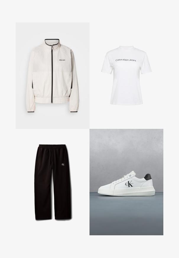 Calvin Klein Jeans RETRO TRACK JACKET - Trainingsvest - tofu; Wit katoenen T-shirt met een ronde hals en korte mouwen, met de tekst "Calvin Klein Jeans" in zwarte print over de borst.; Zwarte wijde broek met elastische tailleband en zijzakken, met een klein Calvin Klein logo-patch op de rechterdij.; Witte lage sneaker met zwarte hiel tab, plateauzool, veters en Calvin Klein "CK" logo aan de zijkant.