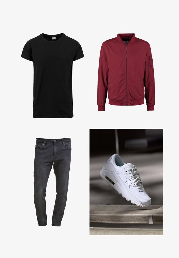 Burgundi värvi bomber-jakk, mis on valmistatud siledast ja kergest kangast. Omab ees suletavat lukku, soonikkoes varrukaotsasid ja vasakus varrukas lukuga taskut.; Must must shirt, mis on valmistatud puuvillast, klassikalise ümara kaelusega, lühikeste rullitud varrukatega ja sirge äärega. Lihtne, ühes toonis disain, ilma mustriteta.; Hästi istuvad mustad teksad viie tasku kujundusega, lukuga ja kergete hõbenägemistega. Sile tekstuur tumeda pesu viimistlusega.; Valge nahast tennisete õhustuskujuga pinnad, pehmendustega krae ja nähtav õhuklapp tallas. Omab paelu ja minimaliseeritud disaini.