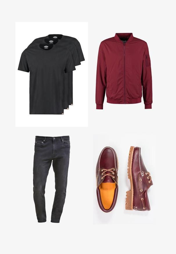 Veste bomber bordeaux en tissu lisse et léger. Équipée d'une fermeture éclair à l'avant, de poignets côtelés et d'une poche zippée sur la manche gauche.; T-shirts en coton noir vendus par pack de trois. Col rond, manches courtes et texture douce. Étiquette avec logo sur l'ourlet.; Jean en denim noir slim-fit avec design à cinq poches, fermeture éclair et décoloration subtile. Texture lisse avec une finition en dégradé foncé.; Chaussures en cuir bourgogne avec semelles en caoutchouc marron, bout rond, couture blanche et œillets dorés. L'intérieur présente une doublure jaune.