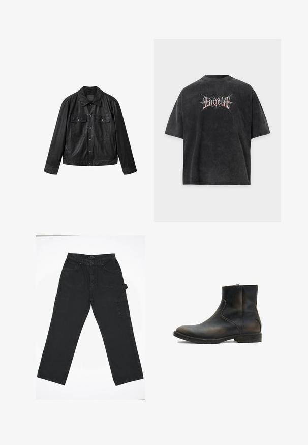 Sort læderjakke med knaplukning foran, to brystlommer med klap, lange ærmer og en klassisk krave.; Sort oversized t-shirt med falmet tekstur og stiliseret hvid og rød tekst "Fadella" centreret foran.; Sorte denimbukser med lige ben-design, der har en frontknaplukning, baglommer og en sidelomme.; AllSaints LANG - Støvletter - brown