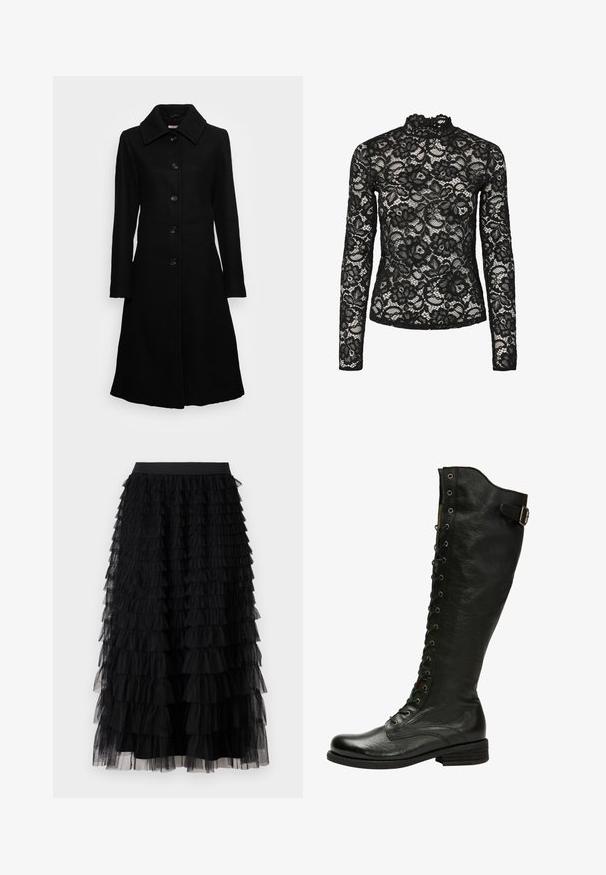 Anna Field Tall Klassikaline mantel - black; Must mustriga pikkade varrukatega top, millel on kõrge kaelus Frillidega, lillemustrid ja läbipaistev tekstuur. Kujundatud istuva silueti jaoks.; Vero Moda VMNAJA Mid waist Long - Maksiseelik - black; Mustmust musta põlvekõrgune saabas, millel on nööpide ja hõbedaste silmadega esitõmbeosa ning külgmine pann. Omab tekstureeritud viimistlust ja kuhjaraamatut kontsa.