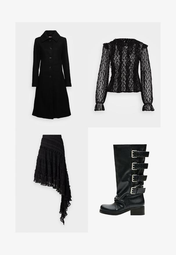 Anna Field Tall by Zalando Klassisk frakke - black; Sort blonderet langærmet top med en tætsiddende pasform, flæsedetaljer ved skuldrene og manchetterne, samt et struktureret blomster-mønster overalt.; Sort asymmetrisk nederdel med teksturerede plisseringer, lagdelte flæser og en smocket talje. Letvægtsstof med en gennemsigtig finish.; Sort læderstøvle til midten af læggen med fire justerbare sølvspænder på ydersiden og lav stabelhæl.