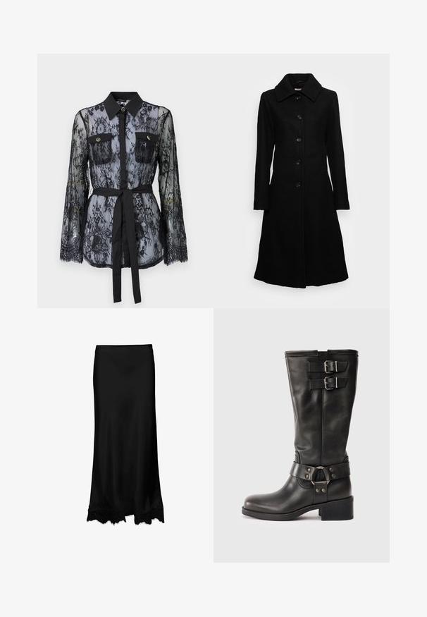 Anna Field Tall Mantel - black; Zwarte kanten blouse met lange mouwen, knoopzakken op de borst, een klassieke kraag en een stoffen riem die op de taille is gestrikt. Doorzichtige uitstraling.; Zwarte satijnen rok met een gladde textuur en een kanten zoom met geschulpte randen. Eenvoudige, lange silhouet zonder versieringen.; Zwarte leren laars tot halverwege de kuit met twee zilveren gespen bij de bovenkant en een decoratieve riem met een metalen ring rond de enkel, blokhak.