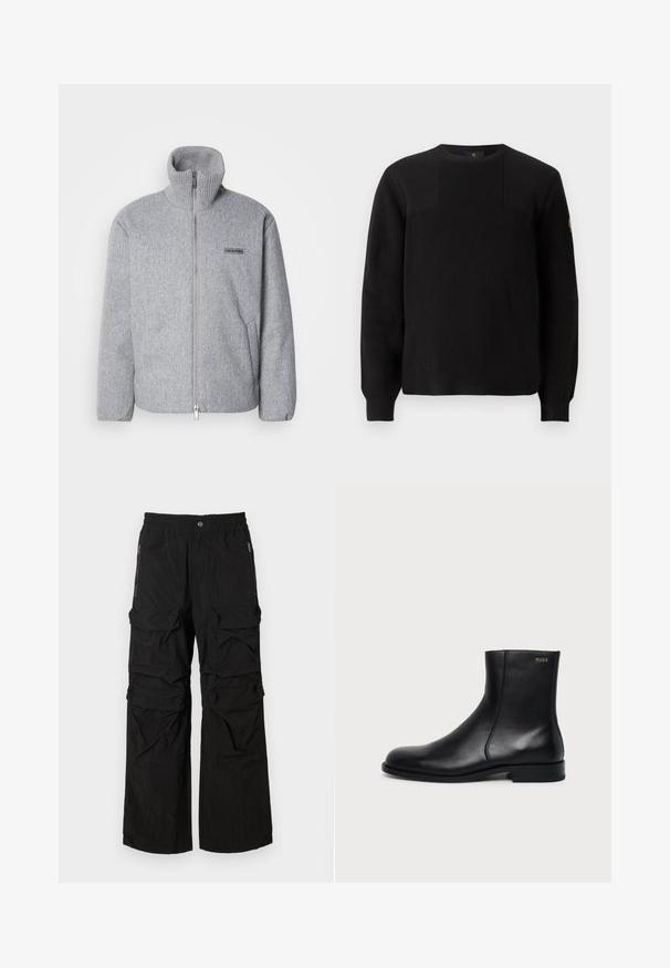 Grå zip-up jakke med høj krave, lavet af tekstureret stof. Har sidelommer og et logo-patch på brystet. Letvægtsdesign.; Sort strikket sweater med ribbet tekstur, rund hals og lange ærmer. Har en subtil paneldesign og et lille logo på ærmet.; Sorte cargo bukser med elastisk talje, flere store lommer og lynlåslommer på siden. Lavet af letvægts, tekstureret stof.; Sort læderankelstøvle med lav hæl, sidesyning og lille "HUGO" logo på den øverste manchet mod en ensfarvet baggrund.