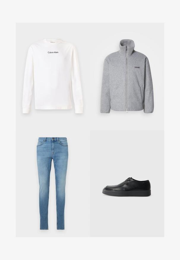 Grå zip-up jakke med høj krave, lavet af tekstureret stof. Har sidelommer og et logo-patch på brystet. Letvægtsdesign.; Hvid langærmet t-shirt med rund hals, hvor "Calvin Klein" logoet er trykt i sort centreret på brystet.; Lyseblå slim-fit jeans med knap- og lynlåslukning, lommer foran og bagpå samt let falmning på lår og knæ.; Calvin Klein HYBRID CUP WALLABEE - Business sko - triple black