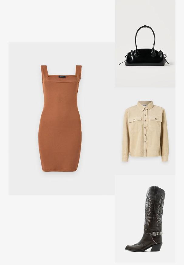 Chemise en velours côtelé beige avec un col, deux poches avant et une fermeture à boutons. Présente une texture côtelée verticale et des manches longues.; Robe sans manches, col carré, ajustée jusqu’au genou en tissu côtelé marron, présentée sur un fond uni gris clair.; Botte de cowboy en cuir noir avec découpes décoratives, boucle argentée et talon incliné, présentée sur fond blanc.; Petit sac à main noir brillant avec deux longues anses et des détails à cordon sur les côtés sur un fond clair uni.