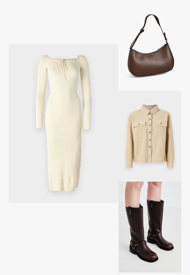 Camisa de pana beige con cuello tipo camisa, dos bolsillos frontales y cierre de botones. Presenta una textura de cordones verticales y mangas largas.; Vestido de manga larga acanalado en color crema, con escote cuadrado y detalle de cordón ajustable en la parte frontal. Diseño ajustado con abertura lateral.; Botas de cuero marrón hasta la rodilla con una textura suave, que cuentan con una correa ancha y detalles de hardware triangulares, suelas de goma planas.; Pequeño bolso bandolera de cuero marrón con correa ajustable y cierre de cremallera, mostrado sobre un fondo blanco. Sin logotipos ni adornos visibles.