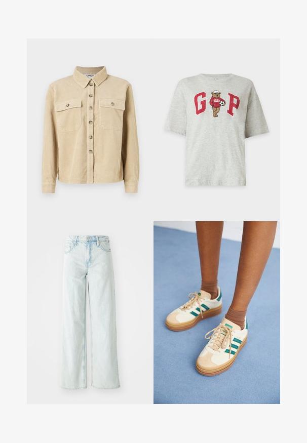 Beige corduroy skjorte med krave, to forlommer og knaplukning. Har lodret ribbet tekstur og lange ærmer.; Lysegrå T-shirt med røde "G" og "P" bogstaver, med en bjørn iført en rød hættetrøje og en hvid kasket, som holder en fodbold.; Lysblå, højttalende brede benjeans i denimstof. Har fem lommer og knaplukning. Slidte områder på lårene.; Beige sneakers med mørkegrønne striber, gummisål, overdel i ruskind og tekstil samt neutralt hardware, parret med brune sokker på en lyseblå overflade.