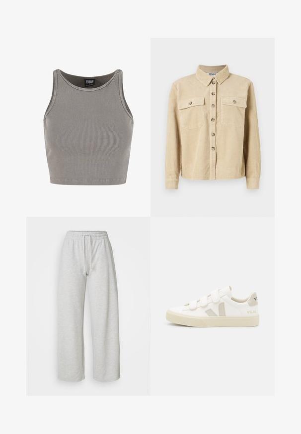 Beige corduroy skjorte med krave, to forlommer og knaplukning. Har lodret ribbet tekstur og lange ærmer.; Urban Classics CROPPED - Top - steelgrey; Even&Odd Petite by Zalando Træningsbukser - mottled light grey; Hvide sneakers med velcro-remme, suede detaljer i beige, struktureret gummisål og V-logo i grå. Minimalistisk design, afrundet form.