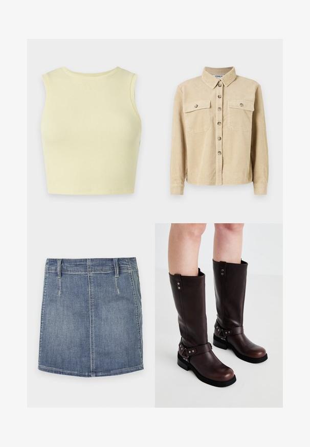 Chemise en velours côtelé beige avec un col, deux poches avant et une fermeture à boutons. Présente une texture côtelée verticale et des manches longues.; Crop top côtelé jaune clair avec un col rond, sans manches, et une coupe ajustée. Texture lisse avec un tissu en maille respirant.; Jupe en denim mini de couleur bleu clair avec une coupe classique. Dispose de poches avant et de passants de ceinture, avec un ourlet droit et un léger délavage.; Bottines en cuir marron jusqu'aux genoux avec une texture lisse, dotées d'une large sangle et d'accents en métal triangulaires, semelles en caoutchouc plates.