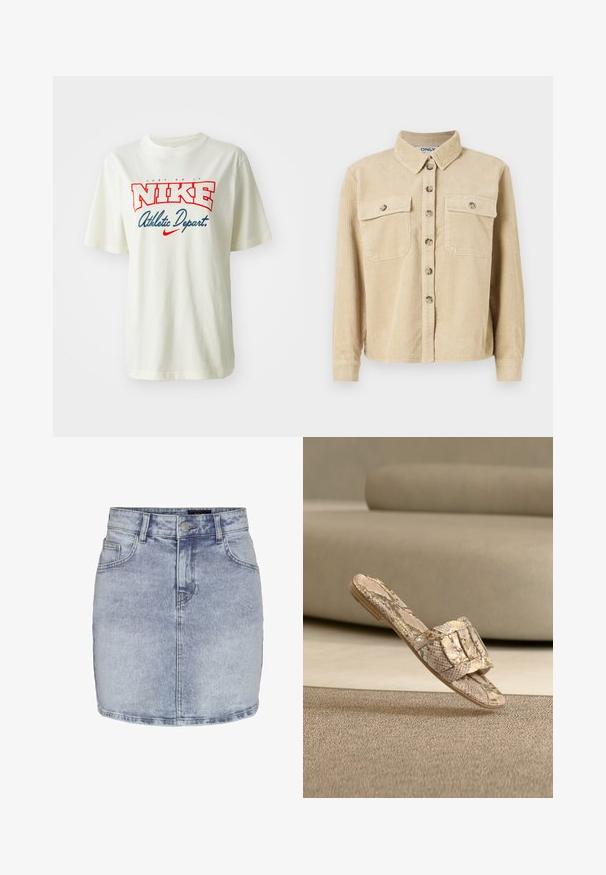 Beige corduroy skjorte med krave, to forlommer og knaplukning. Har lodret ribbet tekstur og lange ærmer.; Hvid bomulds t-shirt med rød og blå "NIKE" logo med teksten "Just Do It" ovenover og "Athletic Depart." nedenfor, korte ærmer, rund hals.; Lyseblå denim mininederdel med knapper foran, lynlås, bæltestropper og to forlommer på hvid baggrund.; Slip-in sandal med slangeprint og flad sål, der har en bred rem og en tekstureret overflade. Farverne er beige og brun med subtile mønstre.
