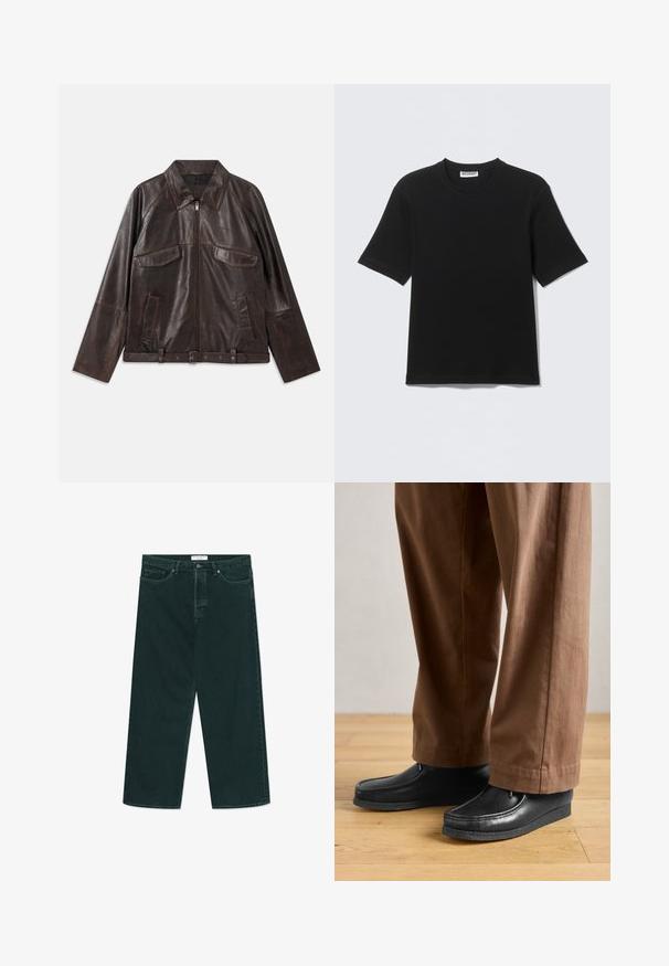 Mørkebrun læderjakke med frontlynlås, to brystlommer med klap, to sidelommer, krave, lange ærmer og justerbar taljebælte.; Sort kortærmet T-shirt med rund hals og "WEEKDAY" mærke på indersiden af kraven, vist fladt på en lys baggrund.; Mørkegrønne vidde denimjeans med knap- og lynlås lukning, forlommer og bæltestropper, liggende fladt på en hvid baggrund.; Sorte lædersko med mokkasin-design og syningdetaljer, parret med brune bukser, på et trægulv.