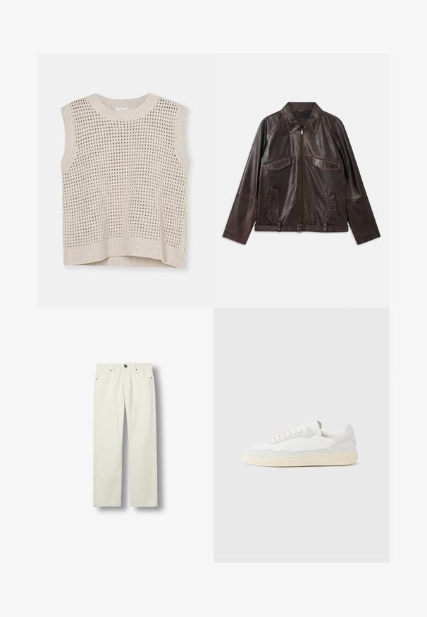 Chaqueta de cuero marrón oscuro con cremallera frontal, dos bolsillos de solapa en el pecho, dos bolsillos laterales, cuello, mangas largas y cinturilla ajustable.; Top sin mangas de punto en beige claro con patrón de tejido abierto, cuello redondo y ribete acanalado. Textura suave; diseño casual adecuado para superponer.; Vaqueros rectos de color blanco roto con bolsillos delanteros, trabillas para cinturón, cierre de botón y detalles de remaches metálicos, mostrados sobre fondo blanco.; Zapatilla blanca con parte superior texturizada de ante y cuero. Presenta una puntera redondeada, cierre con cordones y suela de goma beige contrastante.
