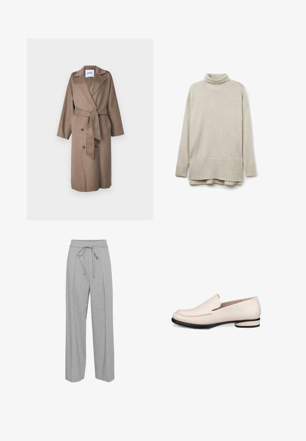 Lang brun uldblandingsfrakke med sjalskrave, dobbeltstående knaplukning, bælte i taljen og påsatte lommer. Blødt, tekstureret stof.; Beige striktrøje med ribbet turtleneck, lange ærmer og en nederkant med diagonal ribning. Blød tekstur og afslappet pasform.; Grå linned brede bukser med høj talje, udstyret med snørre, folder foran og en blød, struktureret finish.; Beige læder loafers med rund tå, minimal syning og en lav sort hæl. Glat overflade med en poleret finish.