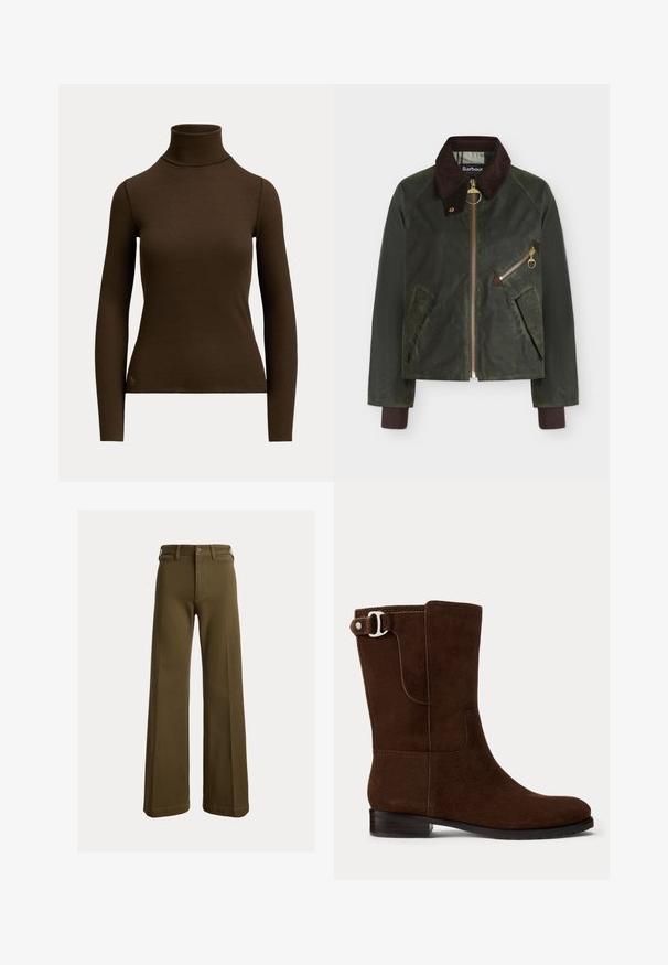 Donkergroene gewaxte jas met een bruine corduroy kraag, ritssluiting aan de voorkant, schuine ritssluiting borstzak en twee zijzakken tegen een witte achtergrond.; Donkerbruine, geribde, coltrui met lange mouwen, getailleerd silhouet en klein logo vlak bij de onderste zoom aan de voorkant links.; Wijde olijfgroene broek met riemlussen, voorste knoop en ritssluiting, getoond tegen een effen achtergrond.; Bruine suède enkelboot met een ronde neus, lage blokhak en een zilveren metalen gespsier aan de zijkant. Gladde textuur, eenvoudig ontwerp.