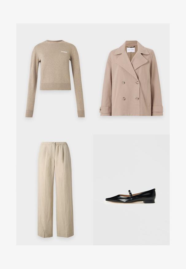 Veste beige croisée en tissu mélangé coton, présentant de grands rabats, deux poches avant et des poignets boutonnés.; Pull tricoté beige à manches longues, col rond, poignets et ourlet côtelés, avec un petit logo texte blanc sur le devant.; Pantalons larges beiges en tissu doux avec une taille élastique froncée et une fermeture à bouton à l'avant. Texture lisse avec des plis.; Chaussure plate Mary Jane en cuir verni noir, à bout pointu, avec une seule sangle et un petit talon sur fond uni.