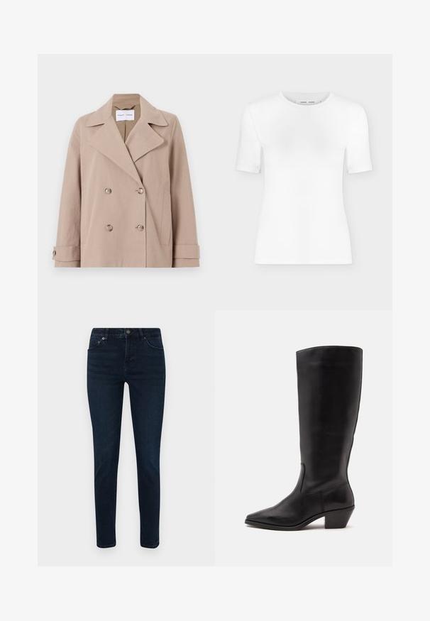 Beige Doppelreiherjacke aus einem Baumwollmischgewebe, mit großen Revers, zwei vorderen Taschen und geknöpften Manschetten.; Weißes T-Shirt mit kurzen Ärmeln und Rundhalsausschnitt, schlanker Passform und gerippter Stoffstruktur, dargestellt vor einem schlichten hellgrauen Hintergrund.; Dunkelblaue Jeans mit schmaler Passform, ausgestattet mit einem Fünf-Taschen-Design, Knopfverschluss und dezenten Nähdetails. Glatte Textur über die gesamte Fläche.; Schwarzer Lederstiefel bis zur Wade mit spitzer Spitze und niedrigem schrägem Absatz vor einfachem hellem Hintergrund.